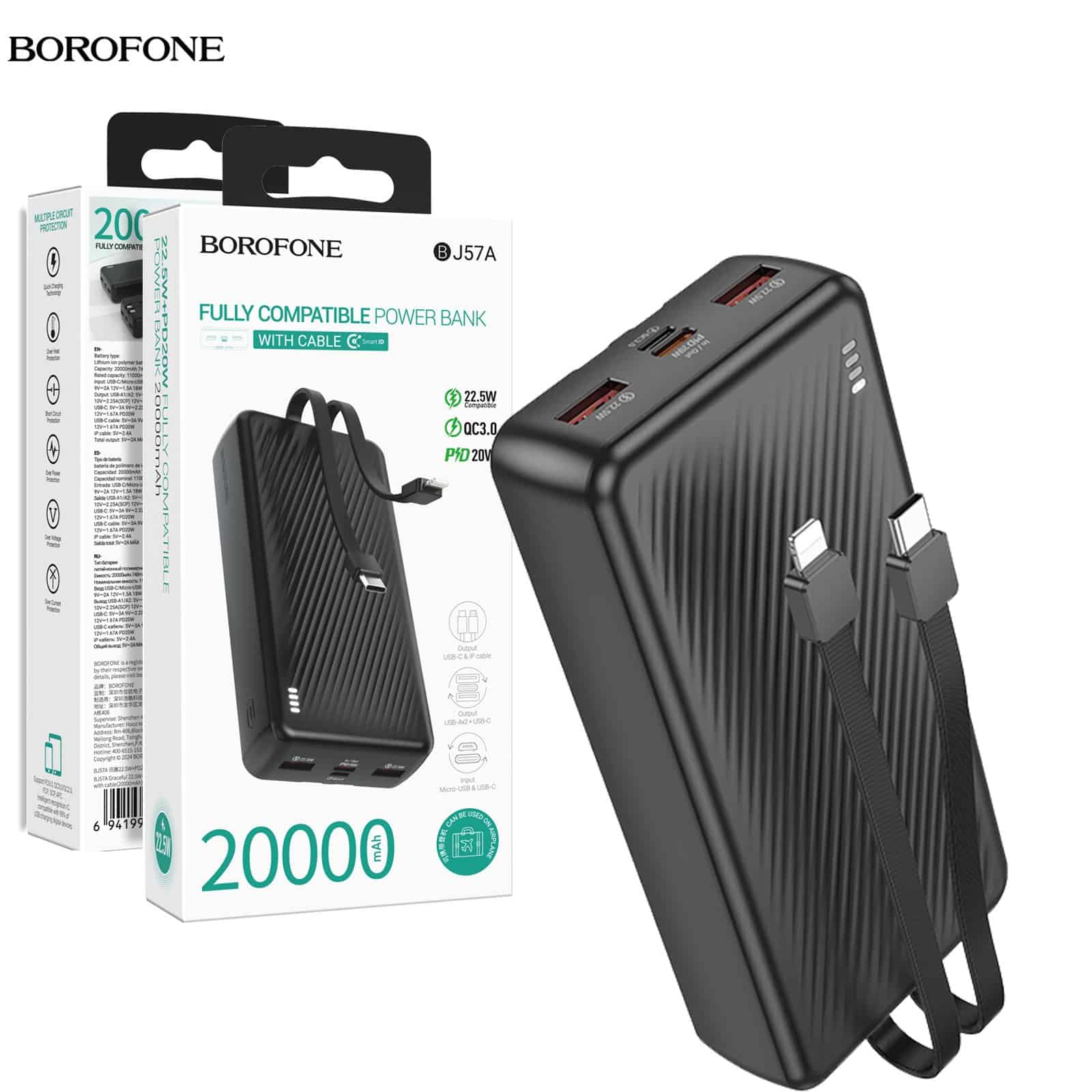 Borofone BJ57A 20000mAh 22.5W+ PD20W Fast Charging Charger Power Bank with Type C & Lightning Cable Cord (Black)