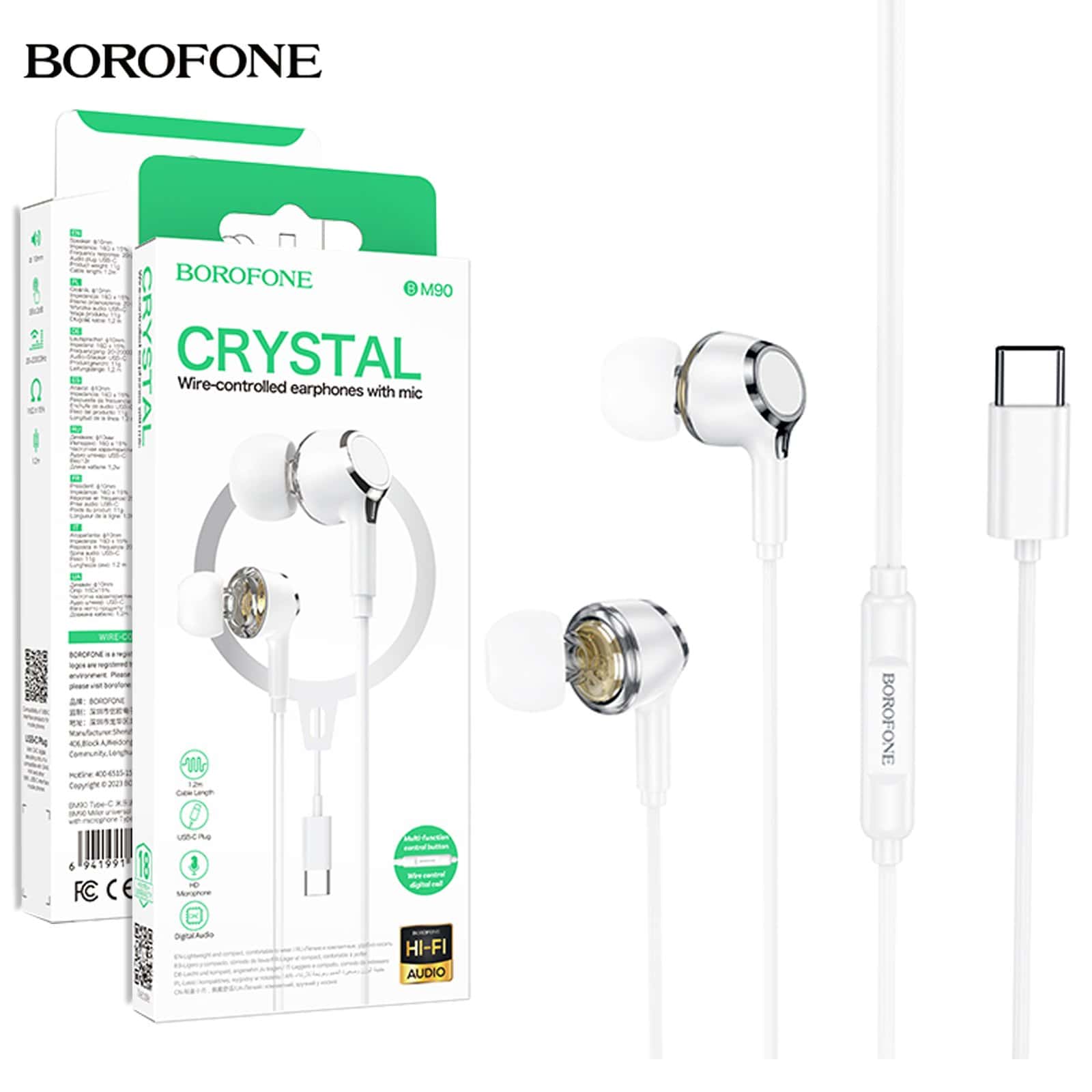 BOROFONE BM90 USB Type C Wire Controlled Digital Earphones Headphone With Microphone Supports Calls Audio Plug Wired Headset (White)