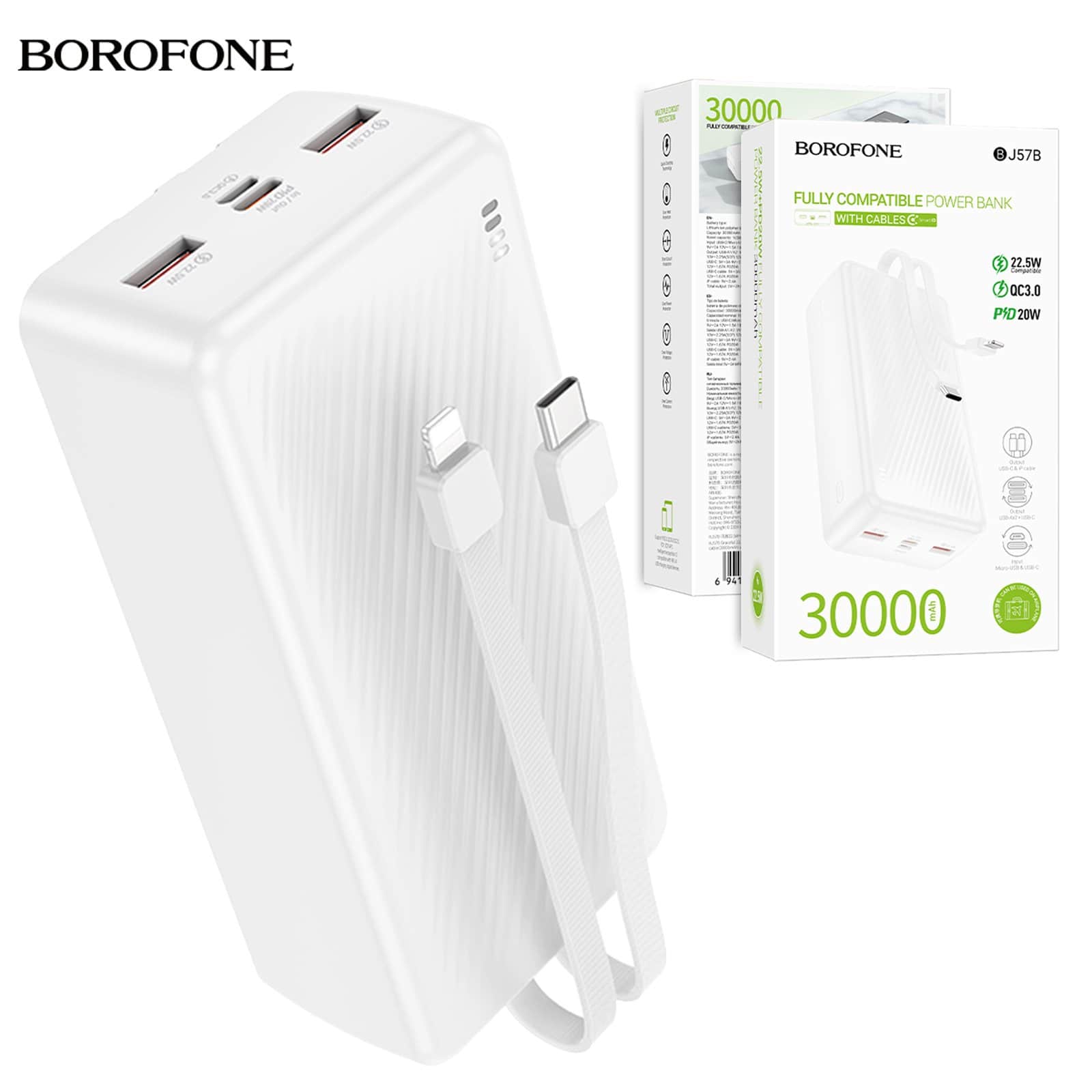 Borofone BJ57B 30000mAh 22.5W+PD20W Fast Charging Charger Portable High Capacity Power Bank With Type C & Lightning Cable (White)