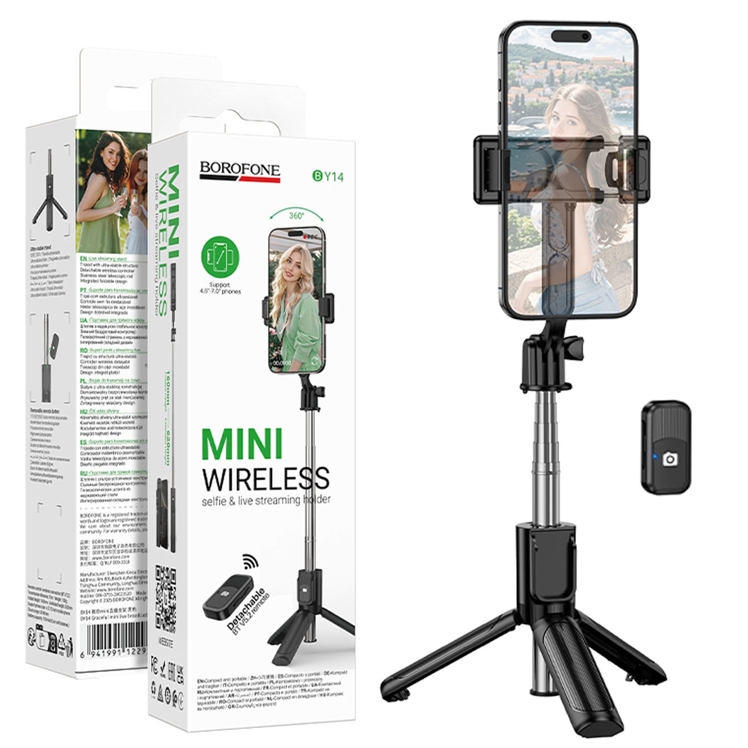 Borofone BY14 With Remote Control Selfie Stick Tripod Extendable Wireless Bluetooth Remote Portable Smartphone Tripod Stand Mount for IOS Android SmartPhone, Outdoor and Indoor Live Streaming, Photography, Selfies, etc