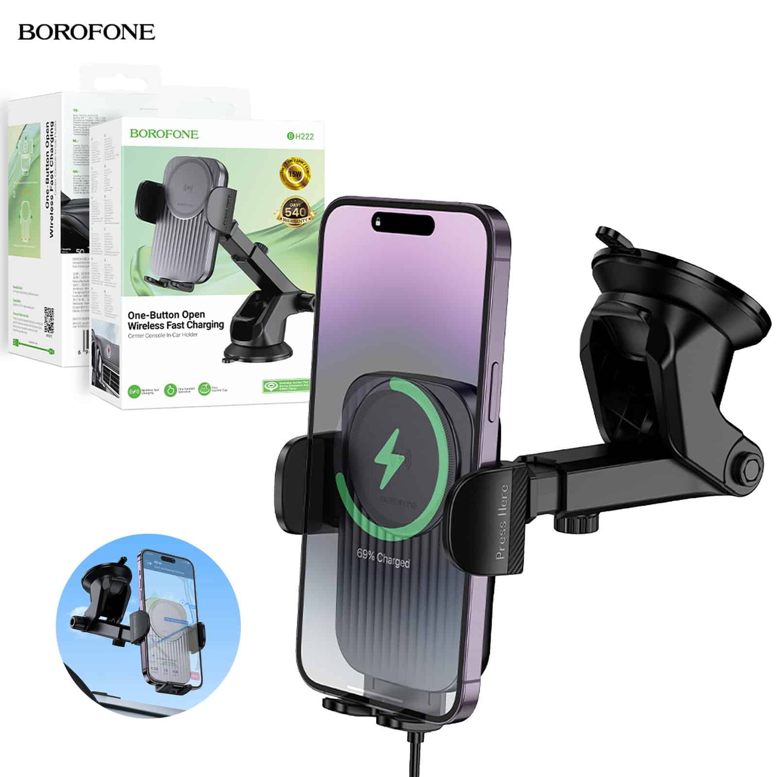 Borofone BH222 15W Wireless Fast Charging Charger Windshield Car Mount Mobile Phone Holder (Black)