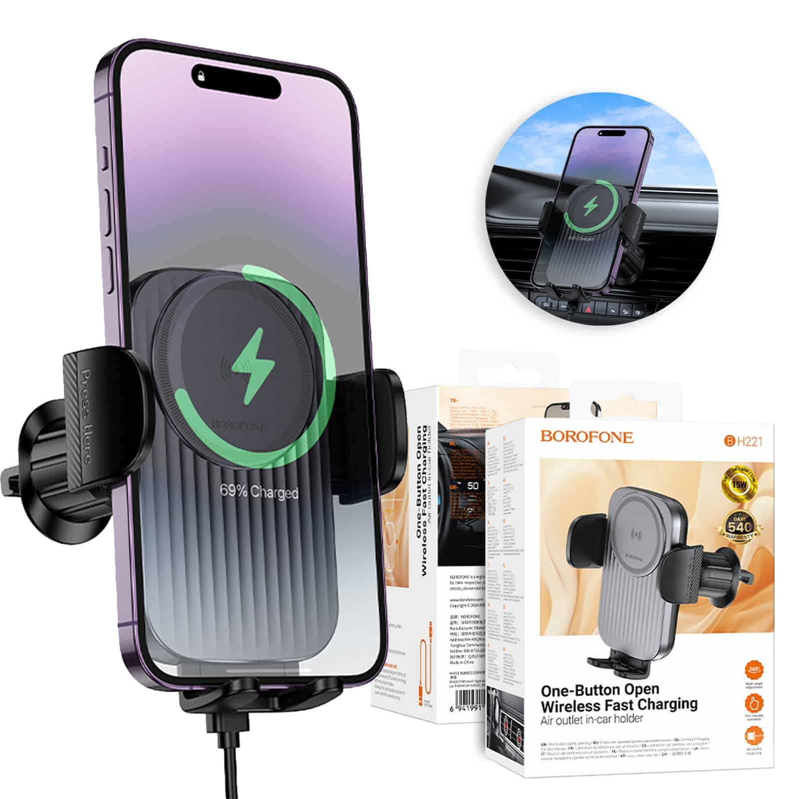 Borofone BH221 15W Fast Charging Charger Air Vent Wireless Car Mount Mobile Phone Holder