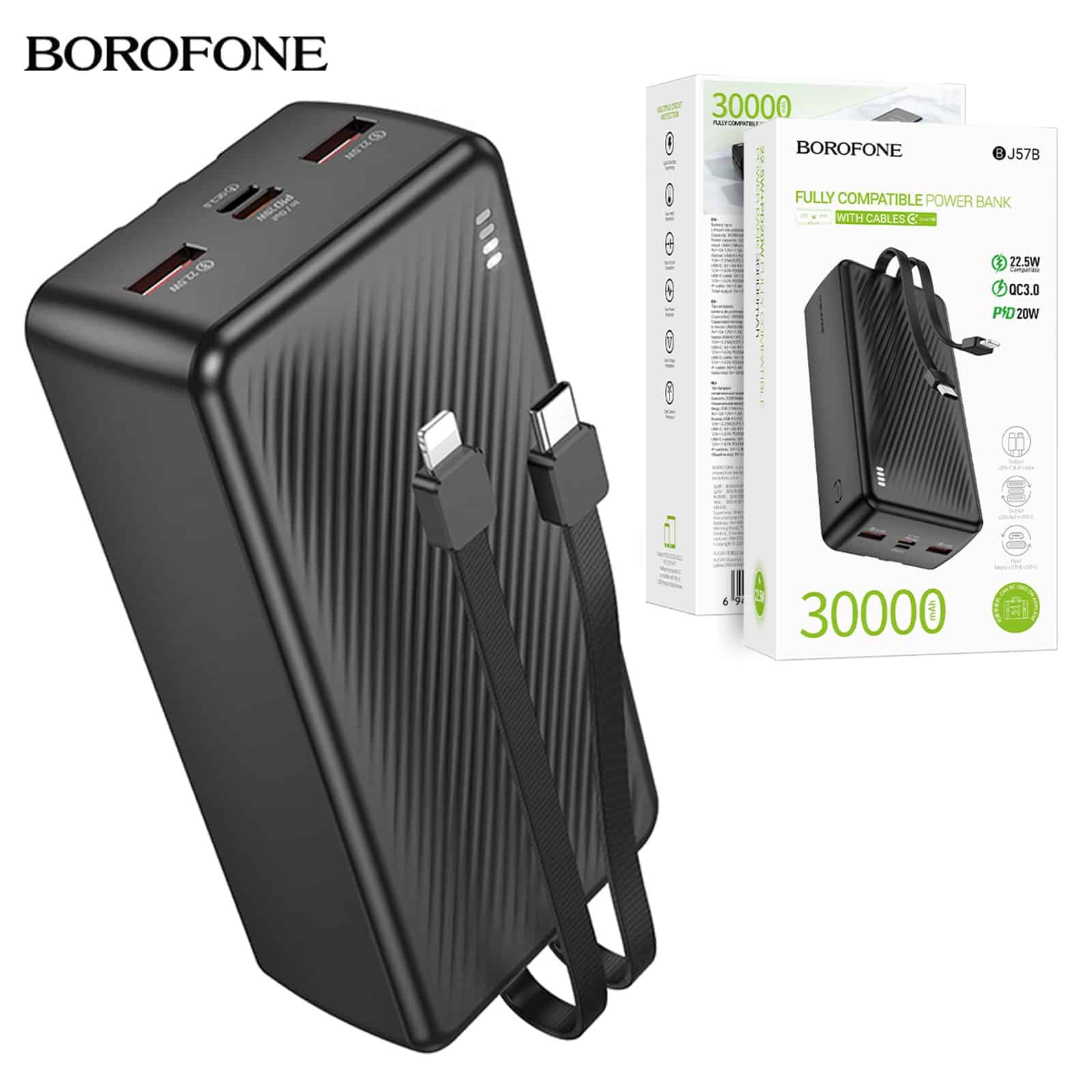 Borofone BJ57B 30000mAh 22.5W+PD20W Fast Charging Charger Portable High Capacity Power Bank With Type C & Lightning Cable (Black)