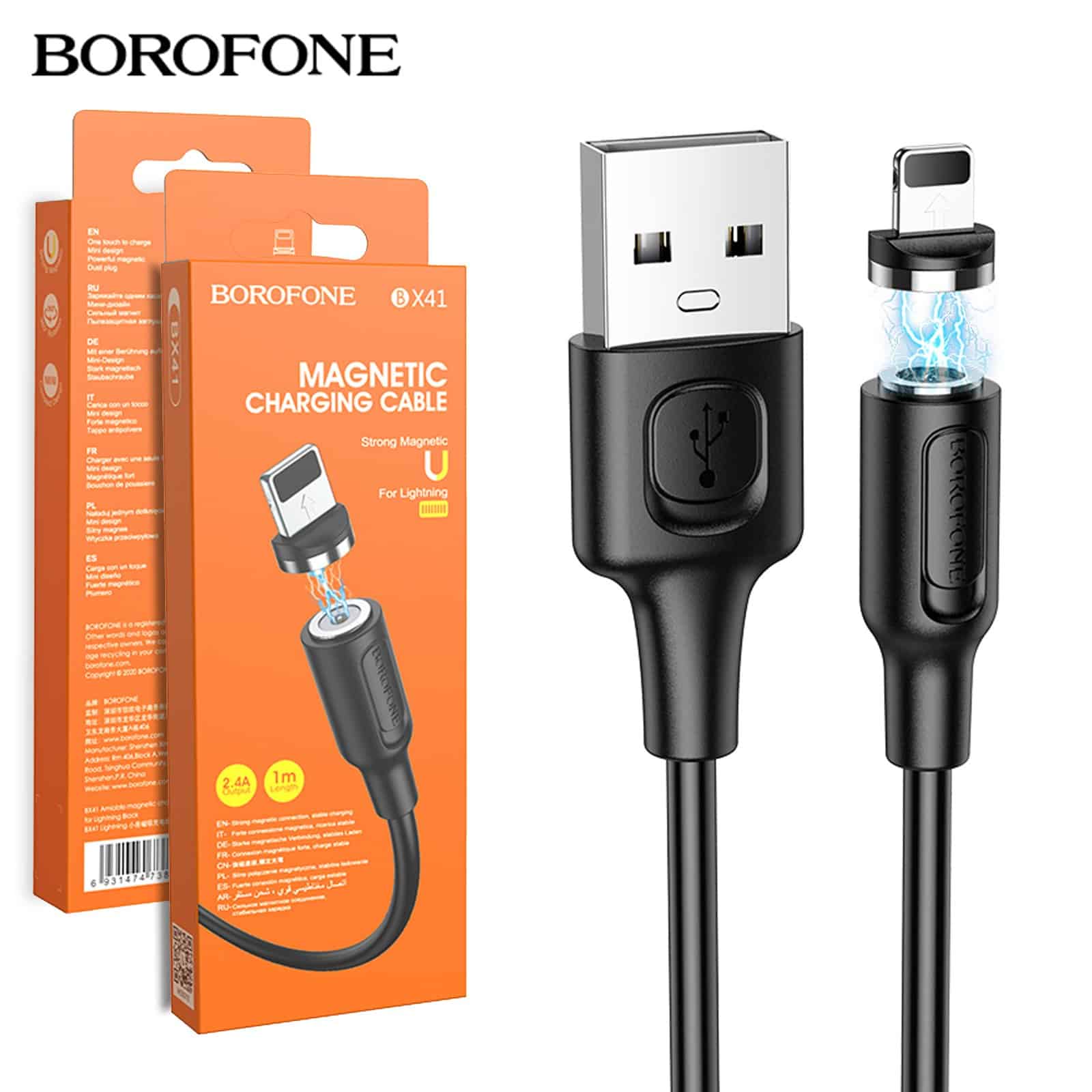 Borofone [BX41] 1M 2.4A USB A to Lightning Magnetic Charging Charger Cable Cord For iPhone - Black