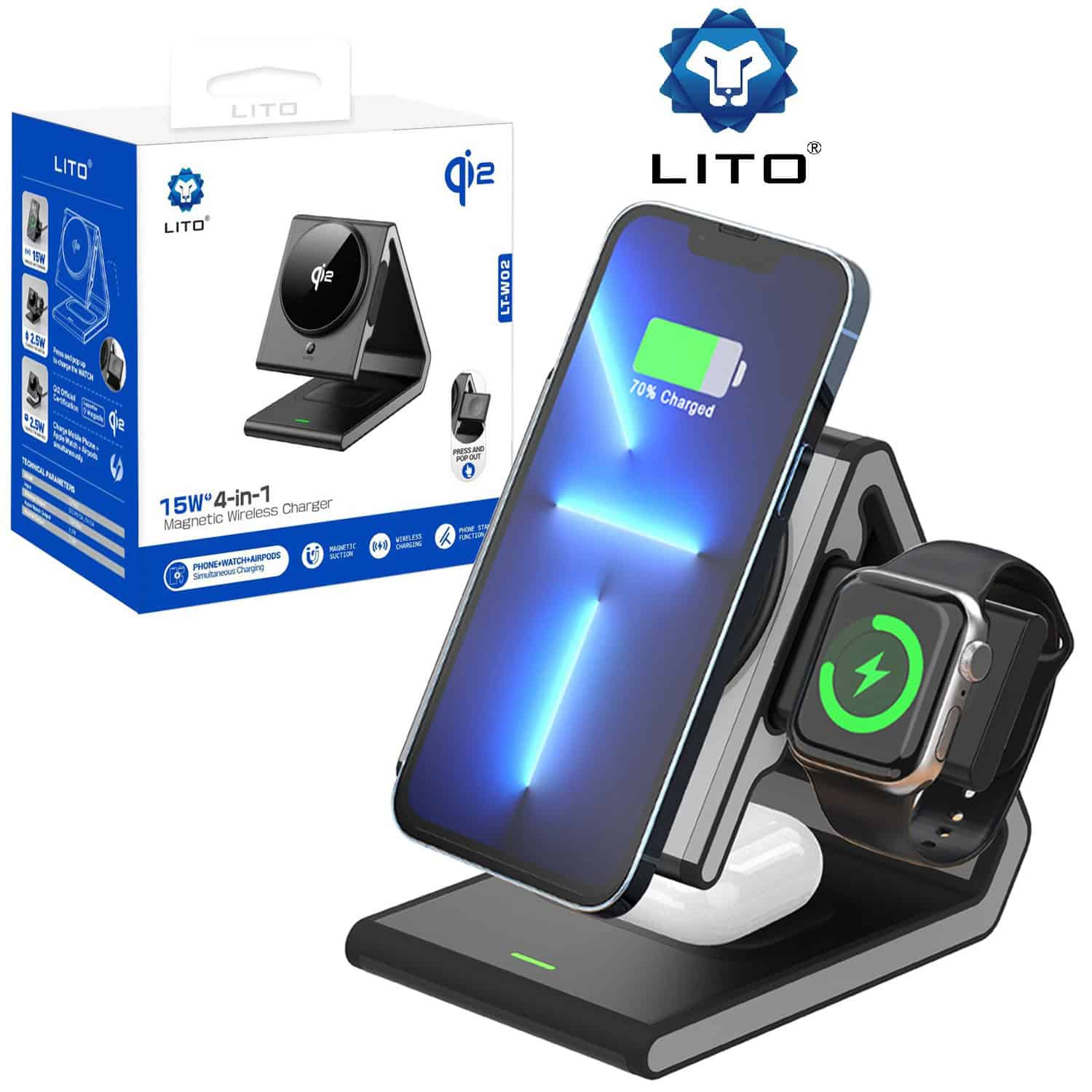 Lito LT-W02 Qi2 15W 4-in-1 Fast Charging Magnetic Wireless Charger Station Charging Stand