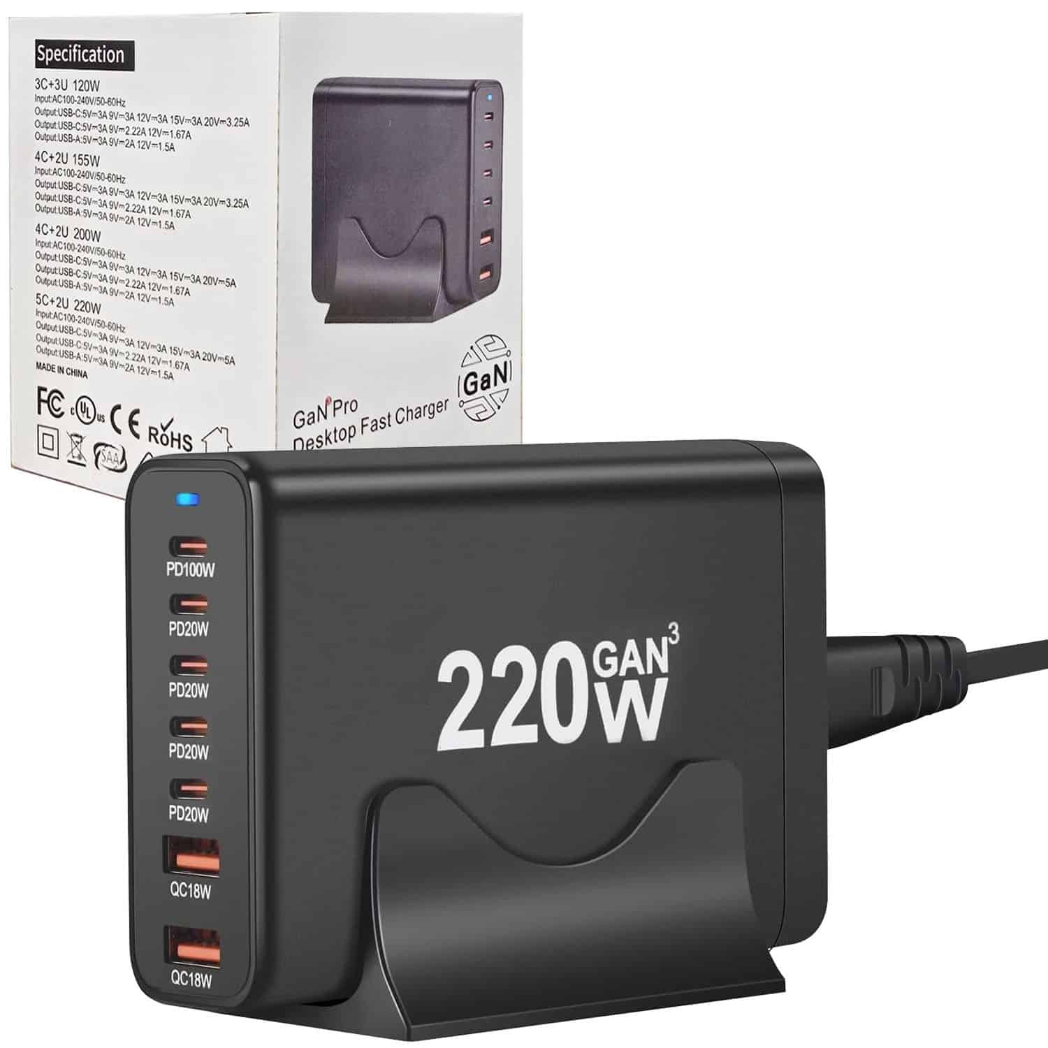 220W GaN³ Charger Dock: 1×100W PD USB-C, 4×20W PD, 2×18W QC3.0 USB-A Fast Charging for MacBook, Laptop, Phone – AU Plug Adapter