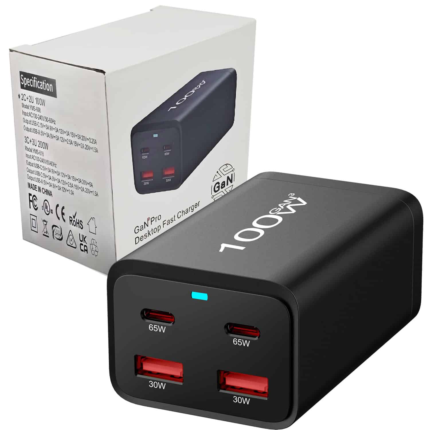 100W GaN Charger 4-Port 2 65W PD USB Type C & 2 30W USB-A QC3.0 Fast Charger Multi Ports Charging Station Charger Dock Power Adapter for MacBook, iPhone, Samsung, Laptop, iPad, Desktop Hub