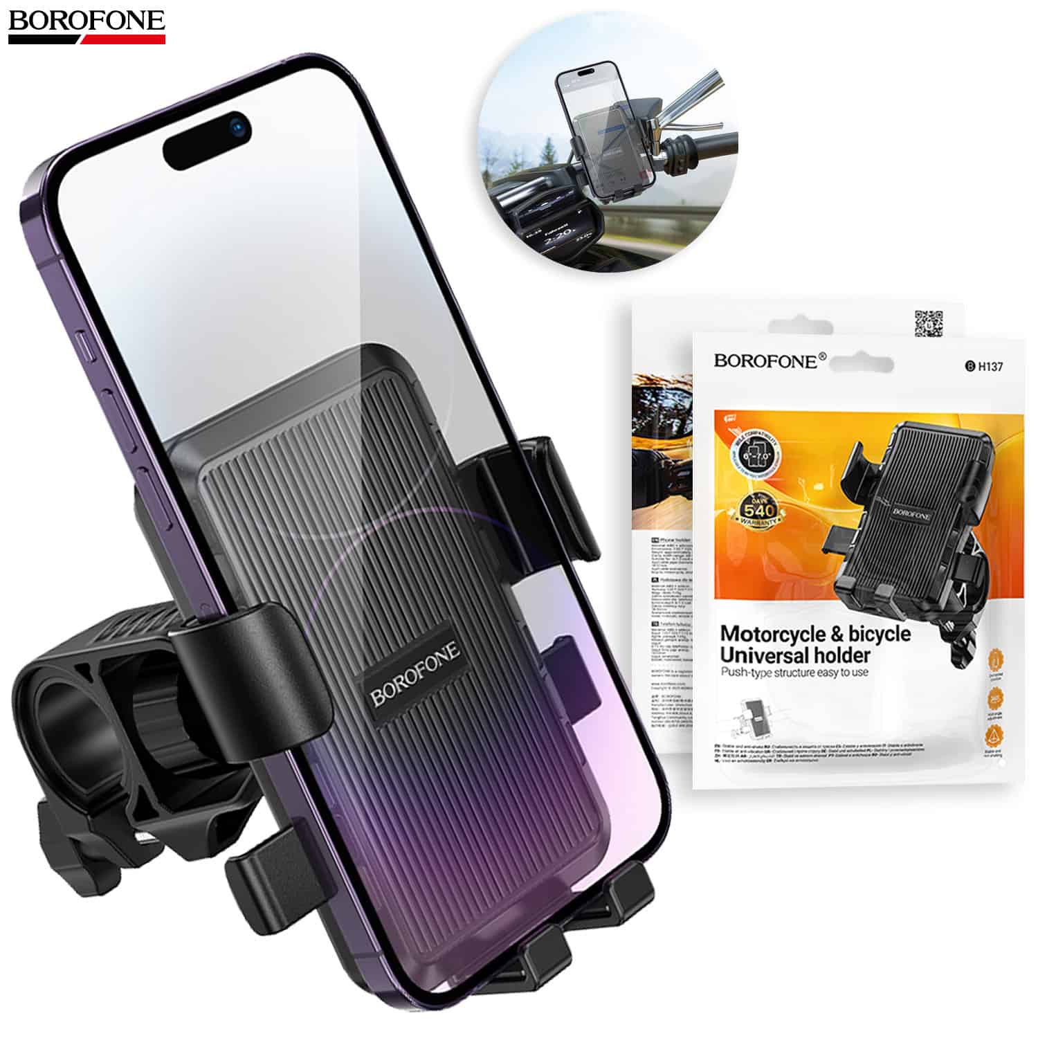 Borofone BH137 Knight Universal Motorcycle, Bicycle & Baby Strollers Mount Mobile Phone Holder (Black)
