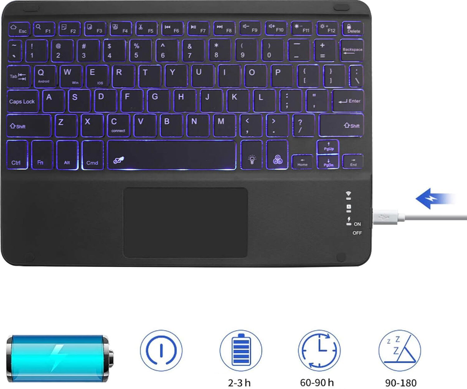 Wireless 7 Colors Backlit Bluetooth Rechargeable Keyboard With Touchpad for iPhone/iPad/Pro, Samsung Android Tablets, Windows, Lenovo