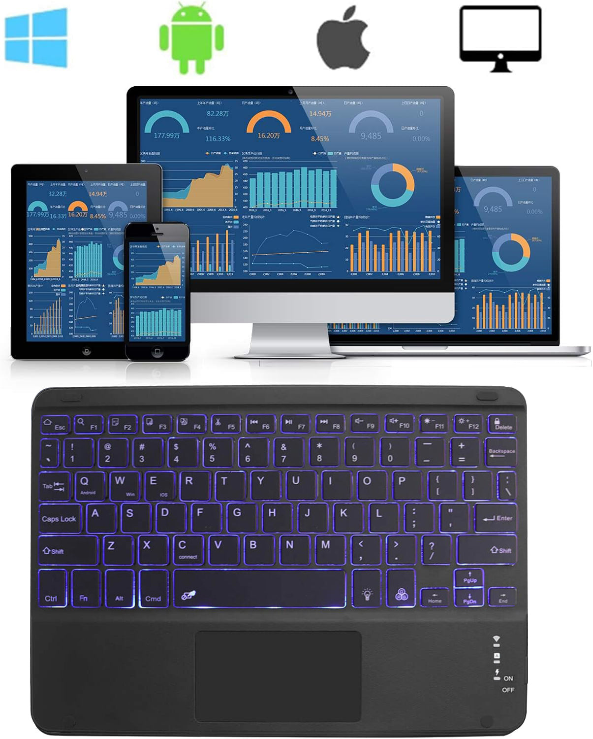 Wireless 7 Colors Backlit Bluetooth Rechargeable Keyboard With Touchpad for iPhone/iPad/Pro, Samsung Android Tablets, Windows, Lenovo