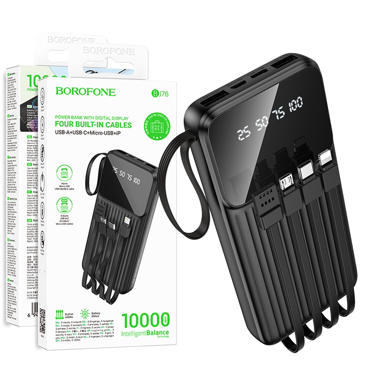 Borofone BJ76 10000mAh 37W Fast Charging Smart Display Power Bank with 4 Cables (Type C, Lightning, Micro USB & USB1)