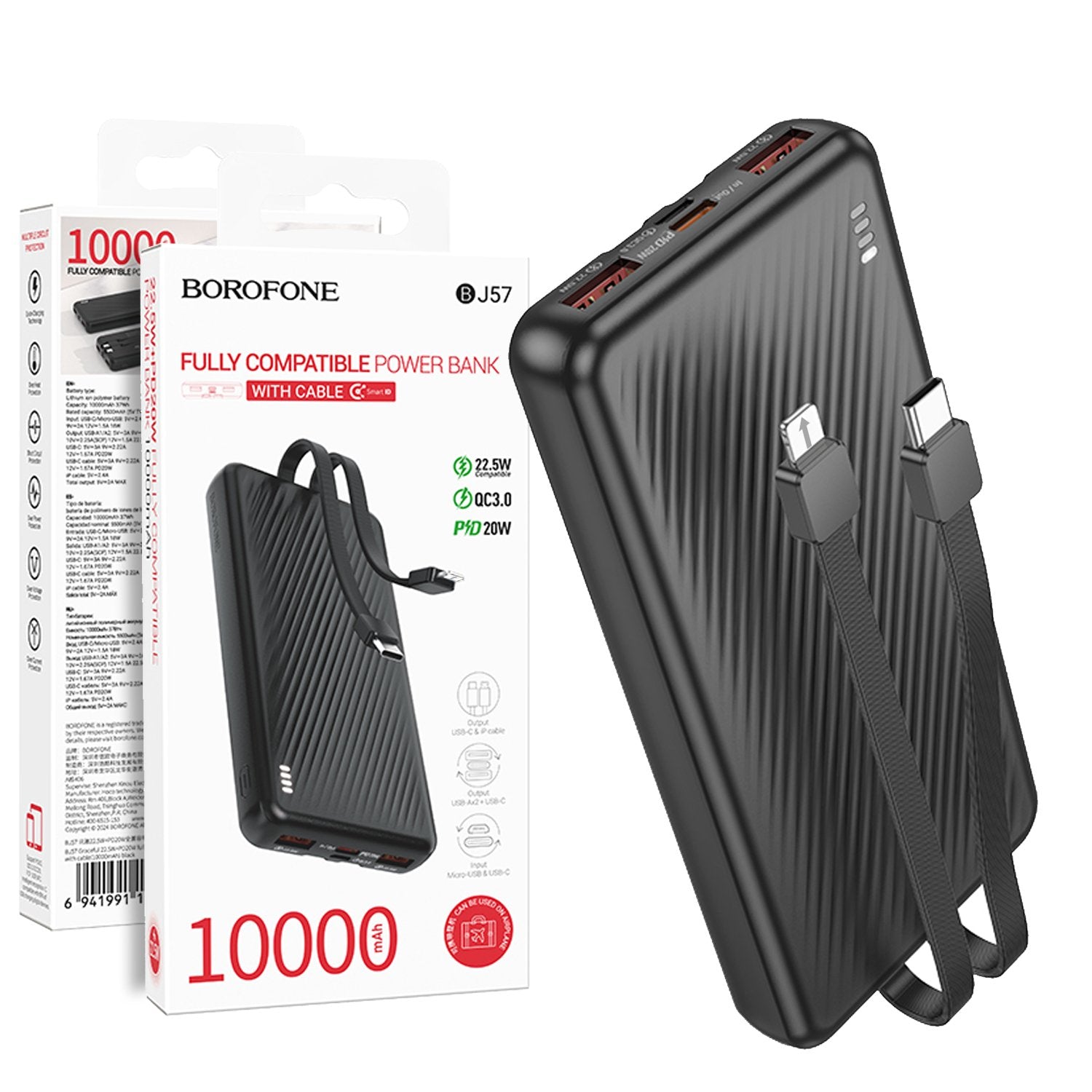 Borofone BJ57 10000mAh 22.5W+PD20W Fast Charging Charger Power bank With Type C & Lightning Cable (Black)