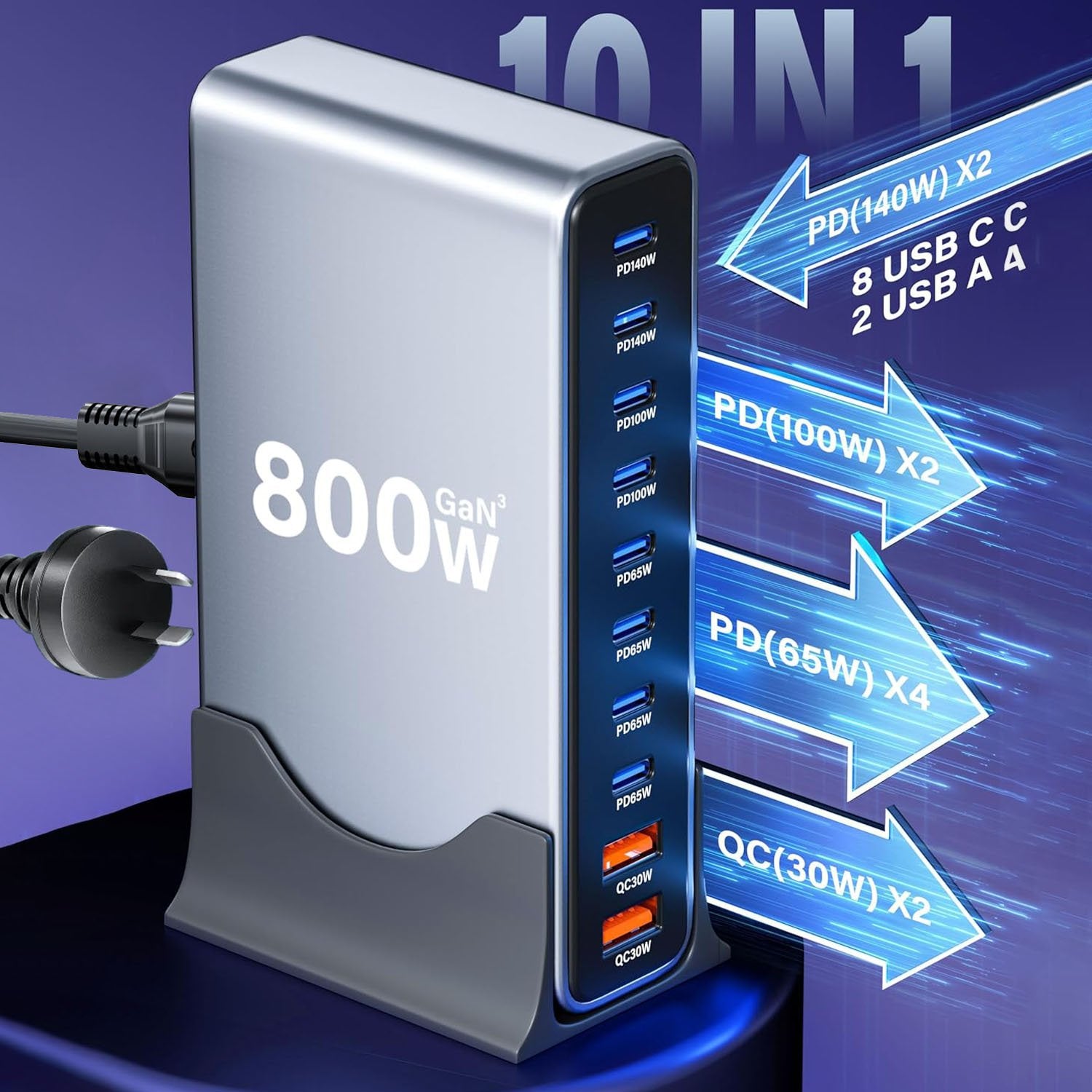 800W USB C Charging Station - 140W USBC Fast Charger, 10 Port GaN Charger 100W 65W 30W, Multi USB Charger Compatible with MacBook, Laptop, Tablet, iPad & SmartPhones