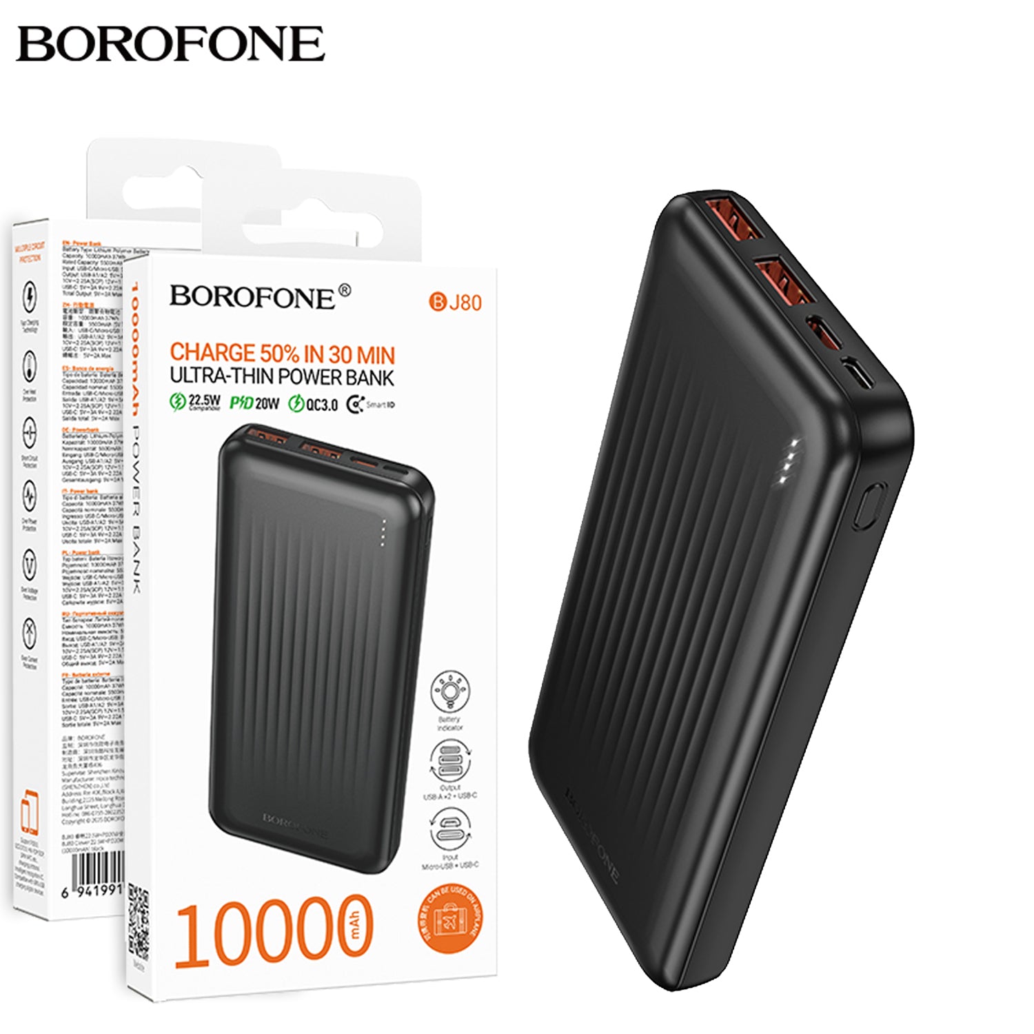 Borofone BJ80 10000mAh Power Bank – 22.5W PD Fast Charging, Dual USB & Type-C Ports, Ultra-Thin Portable Battery Pack for Smartphones