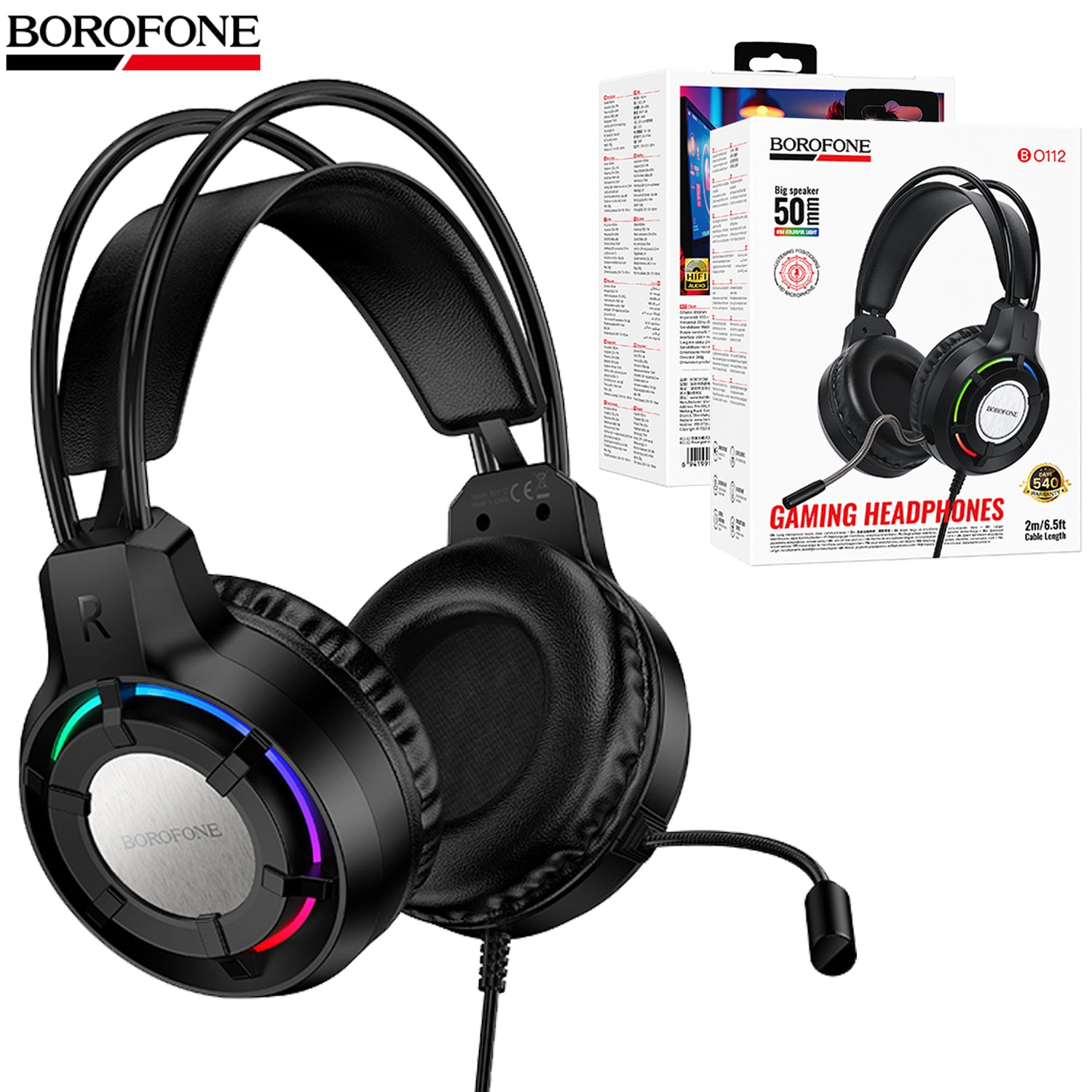 Borofone BO112 Gaming Headphones Headset 50mm Speaker, RGB Lights, HiFi Stereo, Microphone