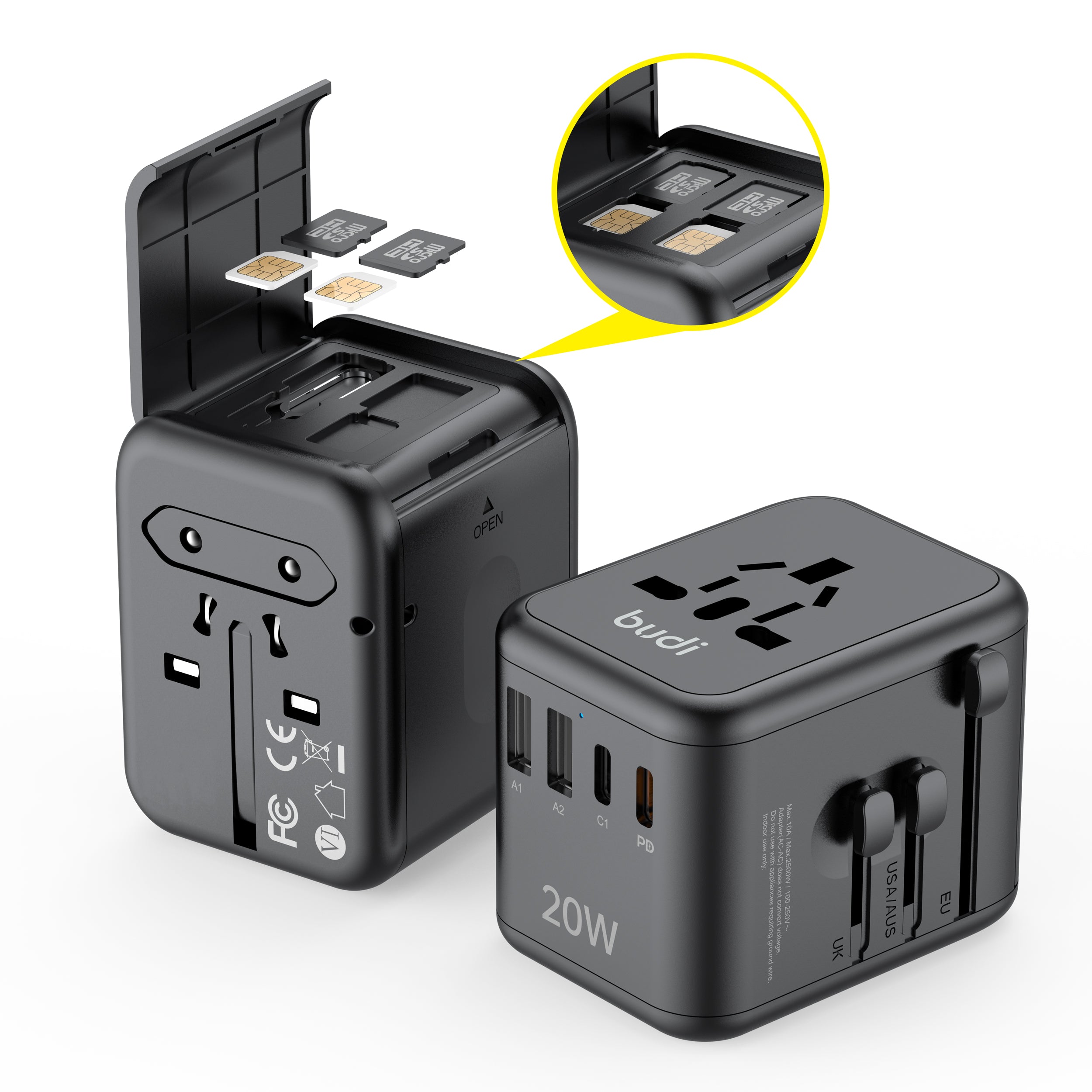 Budi AC358B20 20W UK, EU, US/JP, and AU All-in-One PD20W Fast Charger World Travel Adapter With USB A & USB Type C Power Adapter