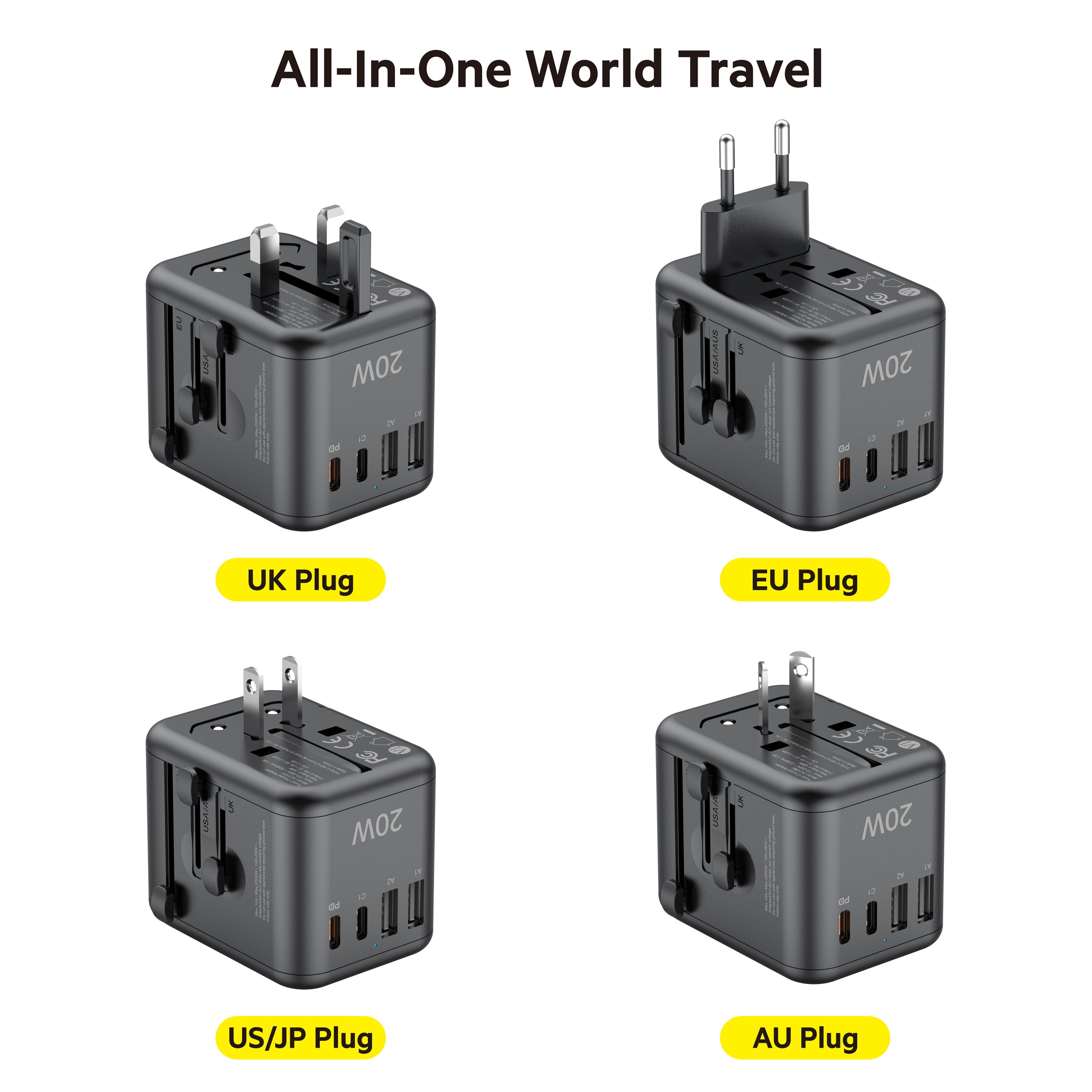 Budi AC358B20 20W UK, EU, US/JP, and AU All-in-One PD20W Fast Charger World Travel Adapter With USB A & USB Type C Power Adapter