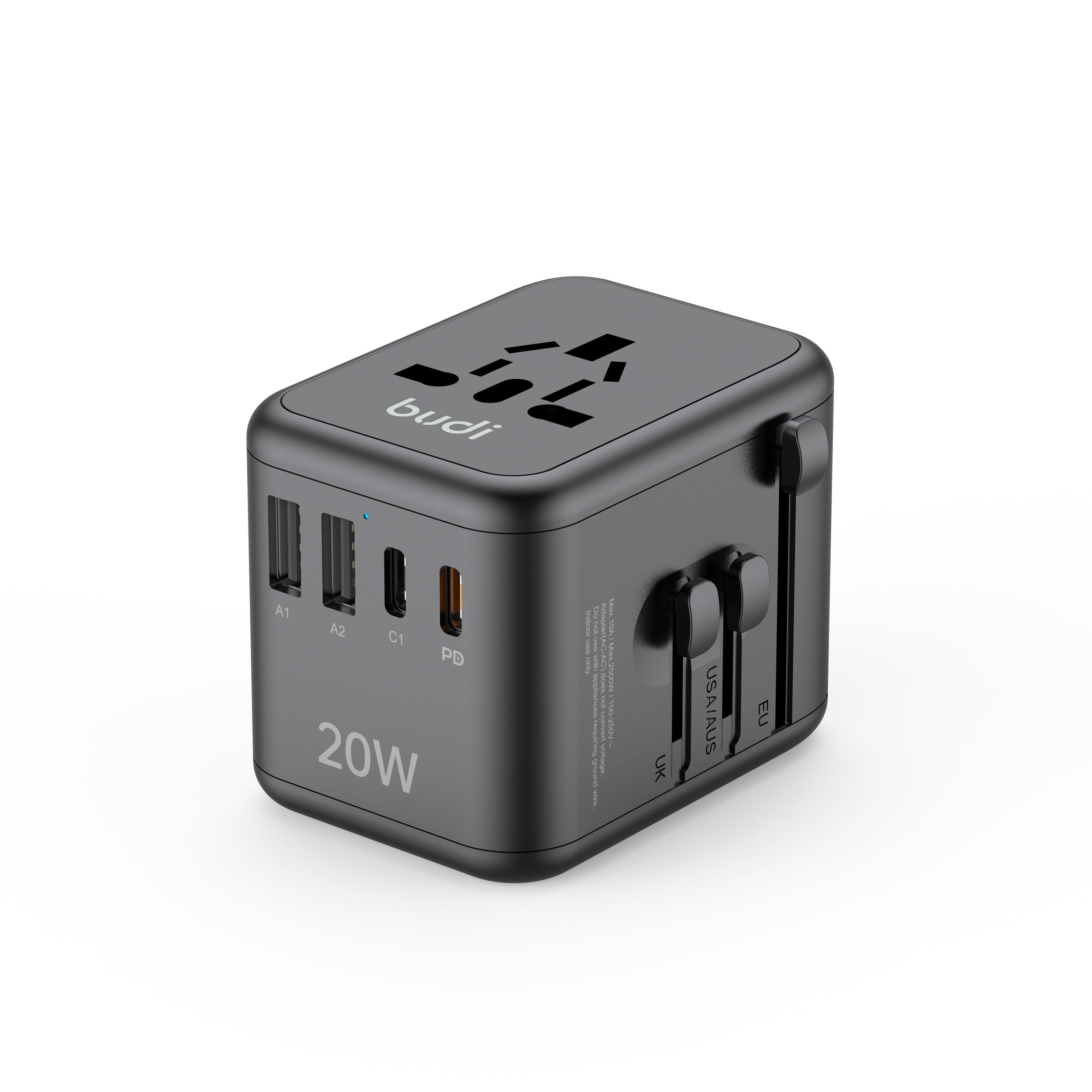 Budi AC358B20 20W UK, EU, US/JP, and AU All-in-One PD20W Fast Charger World Travel Adapter With USB A & USB Type C Power Adapter