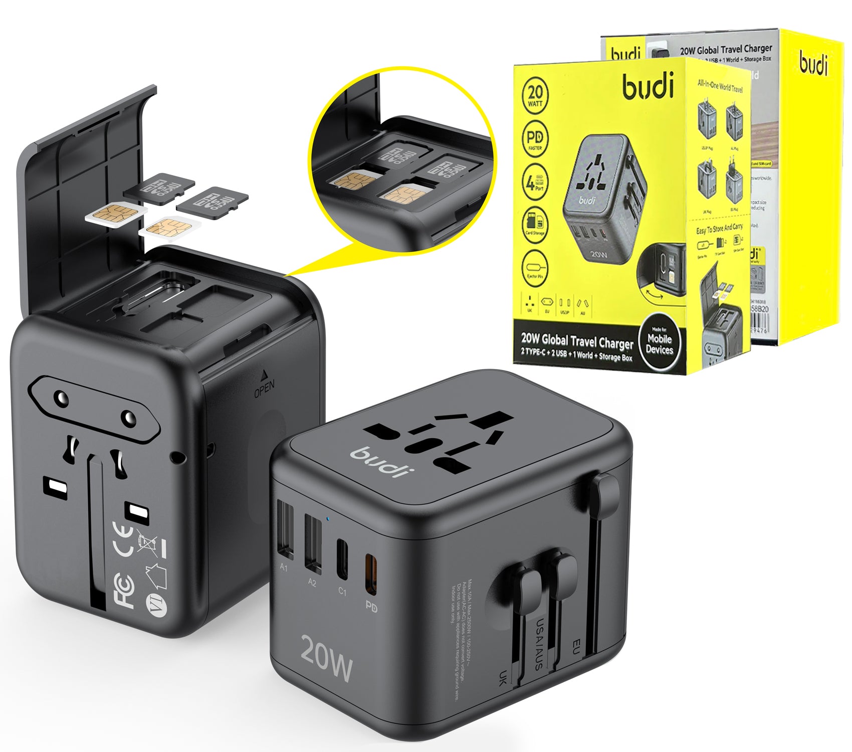 Budi AC358B20 20W UK, EU, US/JP, and AU All-in-One PD20W Fast Charger World Travel Adapter With USB A & USB Type C Power Adapter