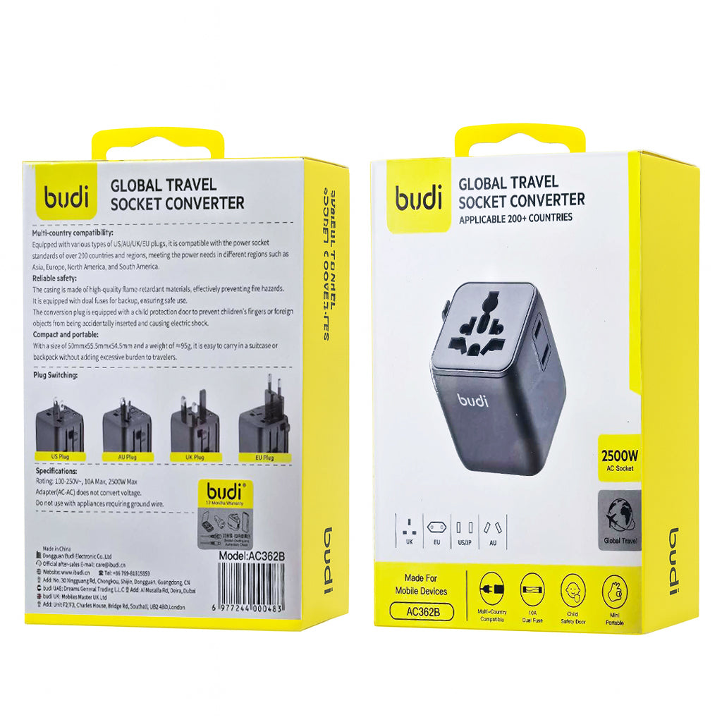 Budi AC362B UK, EU, US/JP, and AU Global Travel Adapter 2500W Universal Socket Converter for 200+ Countries