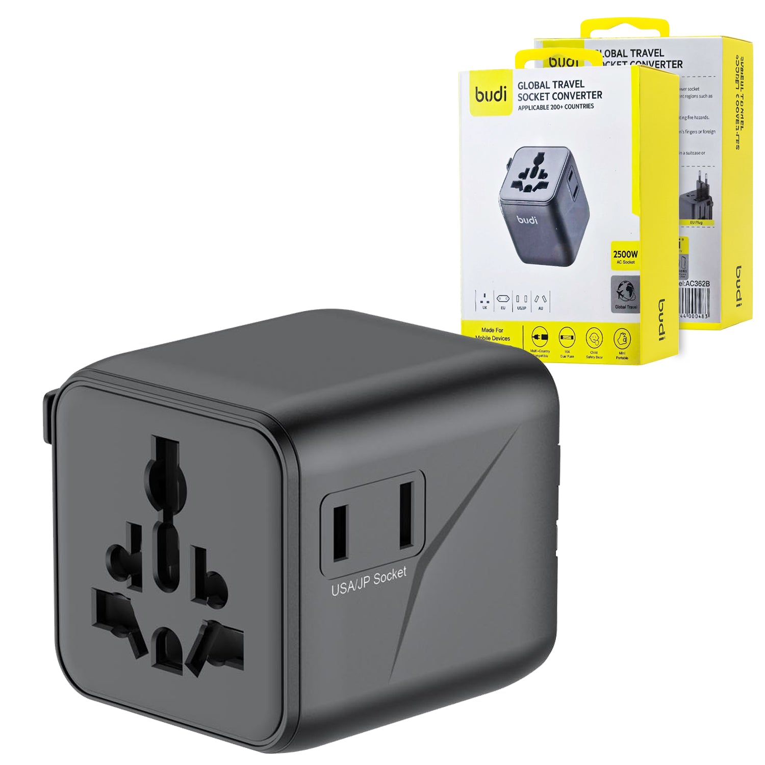 Budi AC362B UK, EU, US/JP, and AU Global Travel Adapter 2500W Universal Socket Converter for 200+ Countries