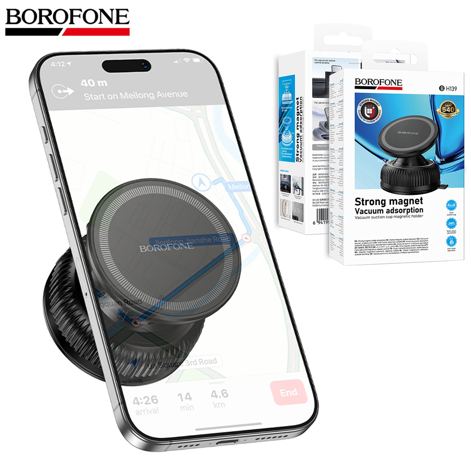 Borofone BH139 360° Rotating Strong Magnet Vacuum Adsorption Suction Cup Car Mount Mobile Phone Holder, Universal Phone Mount for Car, Home & Gym Use.