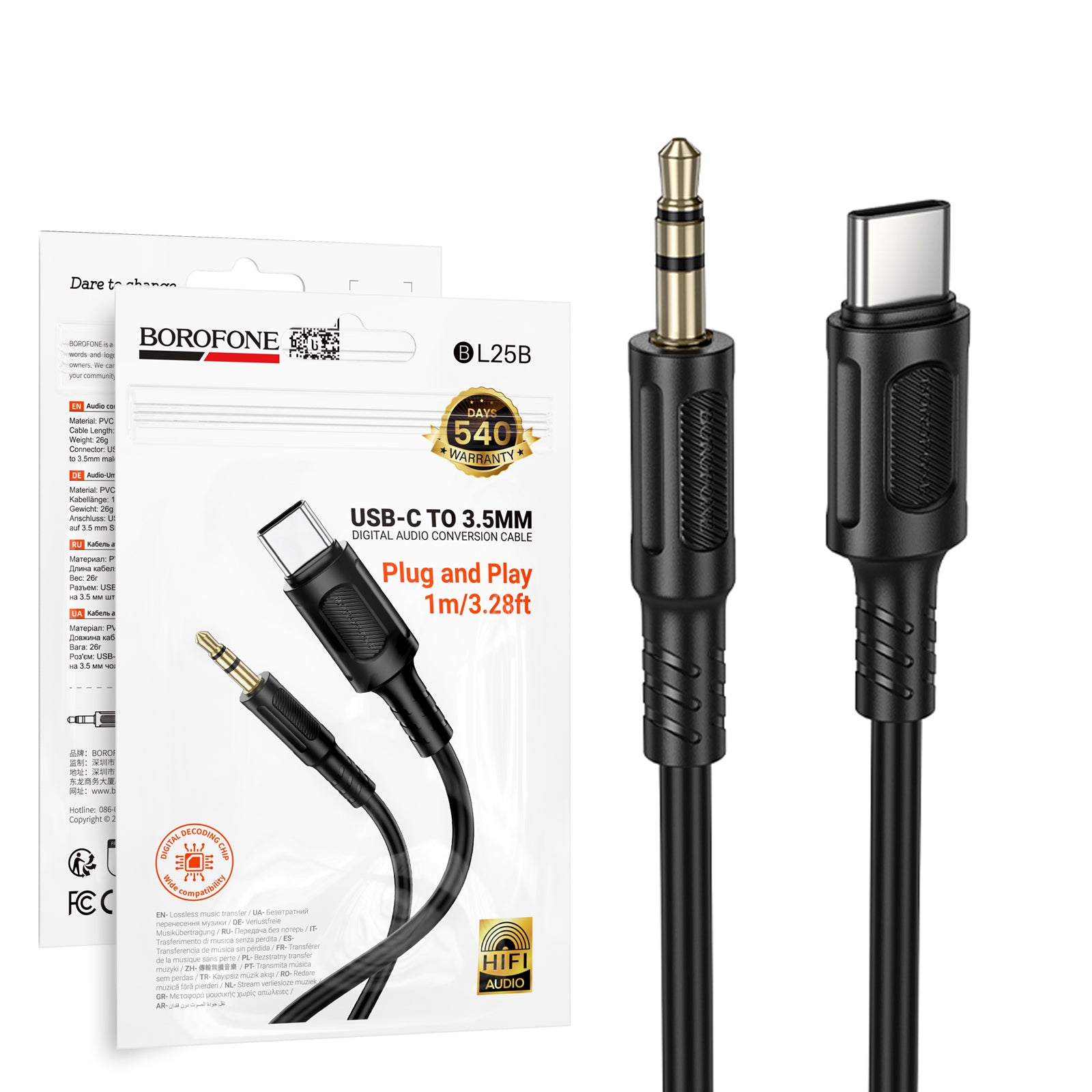 Borofone BL25B 1M USB-C to 3.5mm Hi-Fi Audio Converter Aux Cable, Type-C to 3.5mm Male Cord for Phones, Tablets, Car Stereo & Speakers