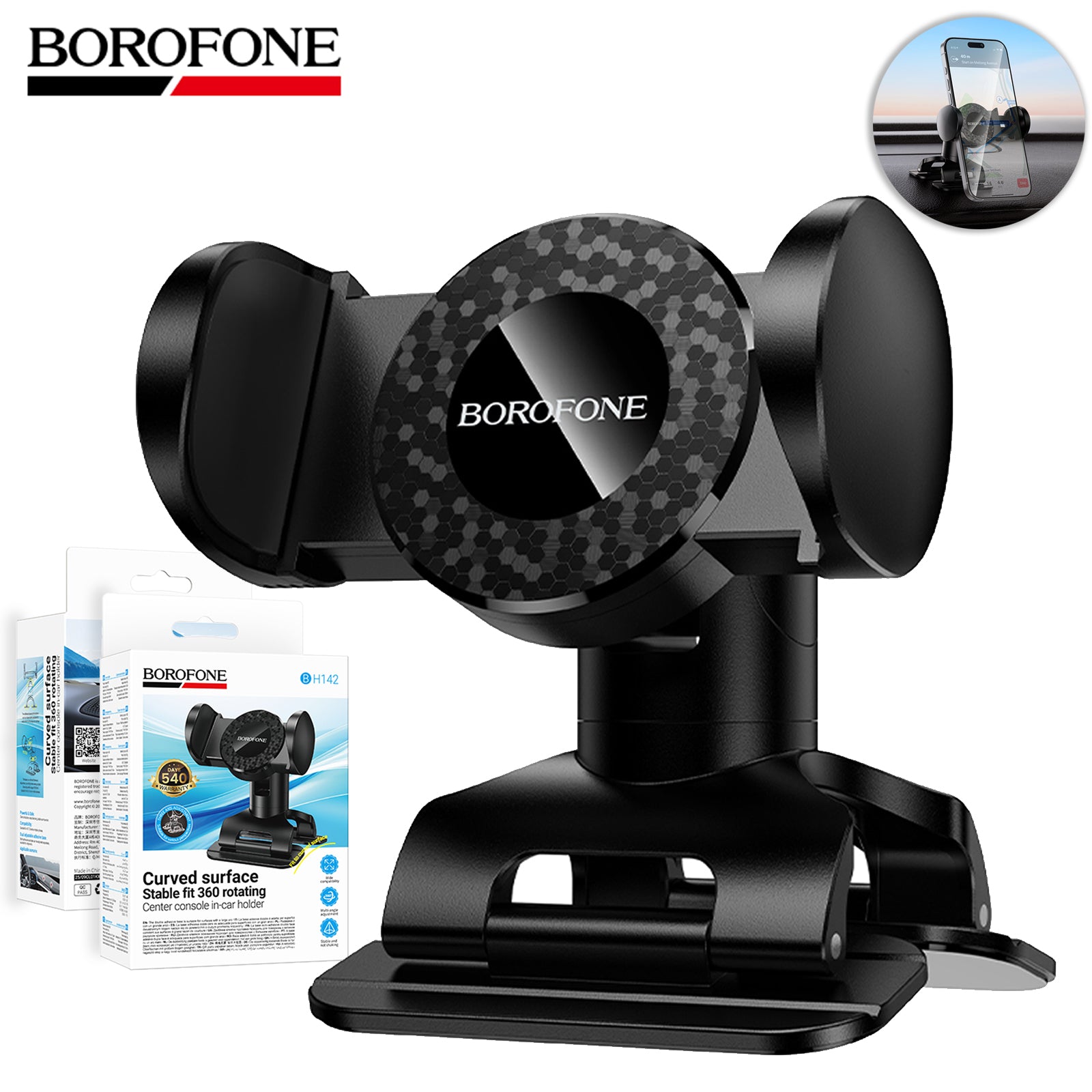 Borofone BH142 360 Degree Rotating For Curved Dashboard Surface Car Mount Mobile Phone Holder For Dashboard Stable Grip Universal Fit