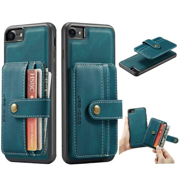 JEEHOOD For Apple iPhone SE 2020 /SE 2022/ 7/ 8 Wallet Leather Case with Detachable Ultra Slim RFID Blocking Back Card Holder (Teal Blue)