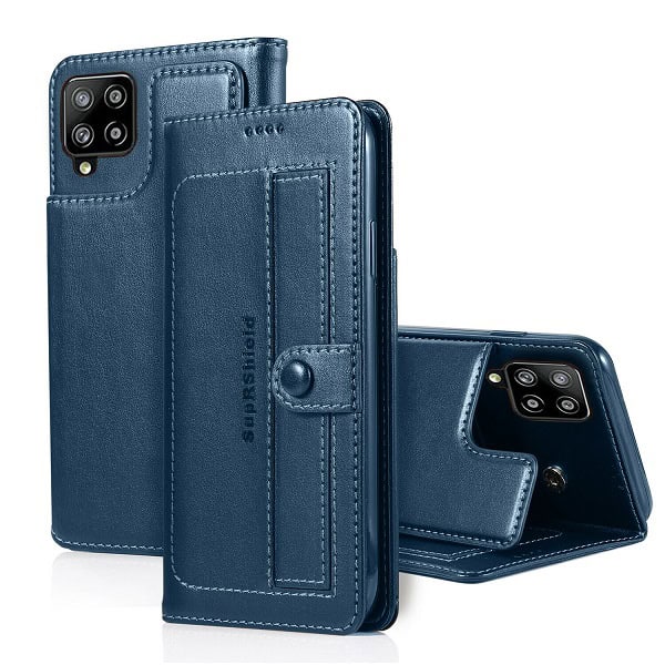 Samsung Galaxy A22 4G SupRShield Wallet Leather Card Holder Flip Protective Shockproof Magnetic Case Cover (Navy Blue Style 2)