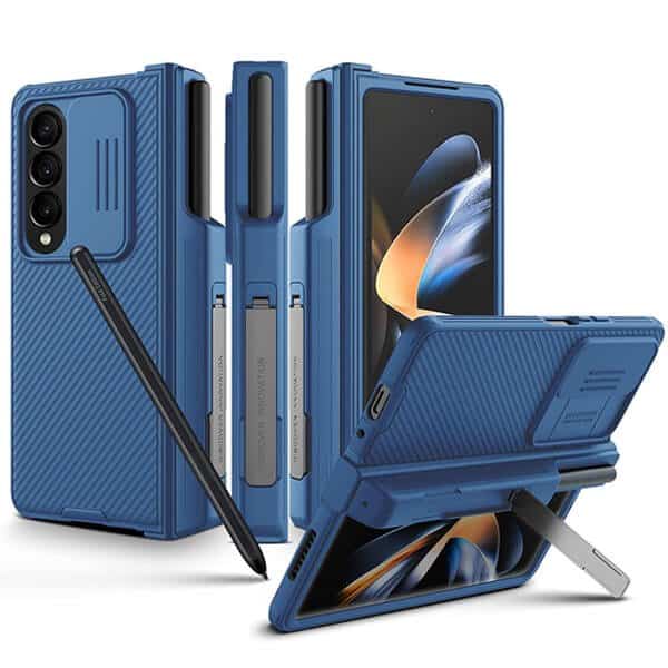 Nillkin CamShield Samsung Galaxy Z Fold 4 Fold4 5G Slide Camera Back Protective S Pen Holder 360° Fiber Cover Kickstand With S-Pen Pocket (Blue)