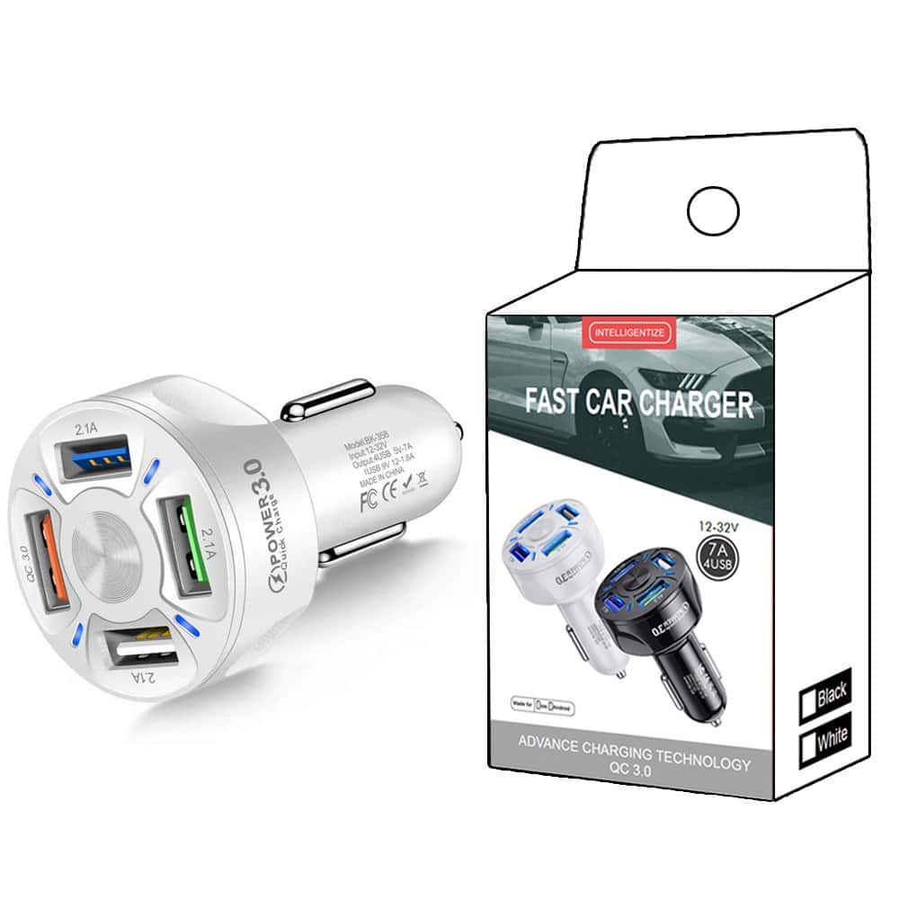 Universal 35W 7A QC3.0 4USB Ports Fast Charging Car Charger With LED Light 12-24V Cigarette Lighter Adapter
