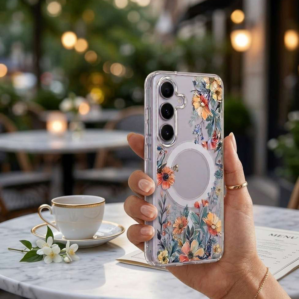 Cute Floral Flower Pattern Hard Clear MagSafe Magnetic Protective Back Case Cover For Samsung Galaxy S26/S25/S24 Ultra