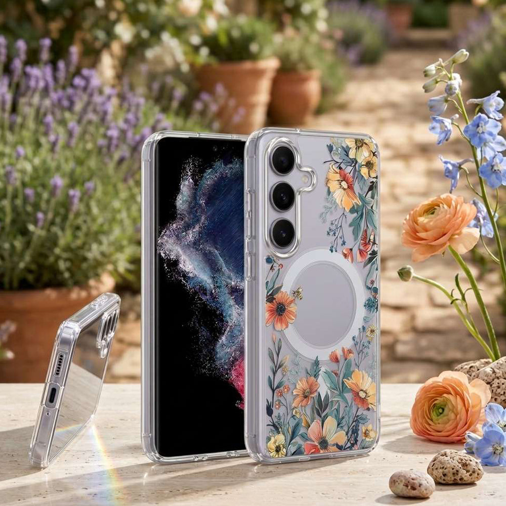 Cute Floral Flower Pattern Hard Clear MagSafe Magnetic Protective Back Case Cover For Samsung Galaxy S26/S25/S24 Ultra