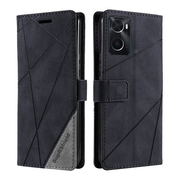 Oppo A76 SupRShield Wallet Leather Card Holder Flip Protective Shockproof Magnetic Case Cover (Black Style 3)