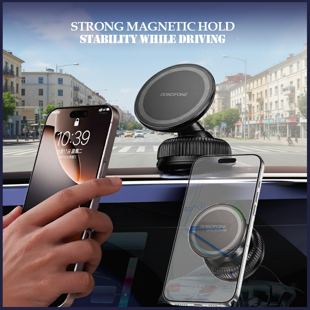 Borofone BH139 360° Rotating Strong Magnet Vacuum Adsorption Suction Cup Car Mount Mobile Phone Holder, Universal Phone Mount for Car, Home & Gym Use.