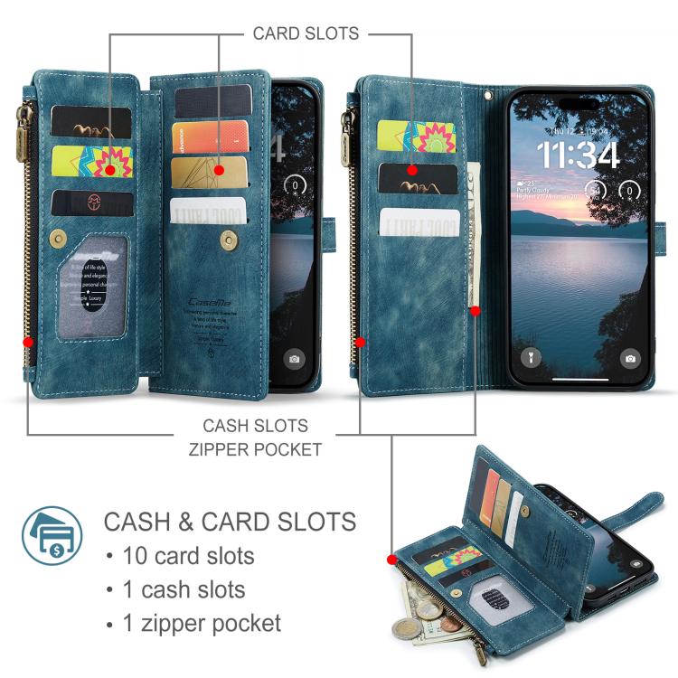 CaseMe C30 For Apple iPhone 13/14/15/16/16 Pro/16 Pro/17 Max Plus Vintage Leather Folio Zipper Wallet Case with Magnetic Closure and 7 Card Slots