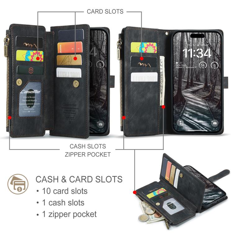 CaseMe C30 For Apple iPhone 13/14/15/16/16 Pro/16 Pro/17 Max Plus Vintage Leather Folio Zipper Wallet Case with Magnetic Closure and 7 Card Slots