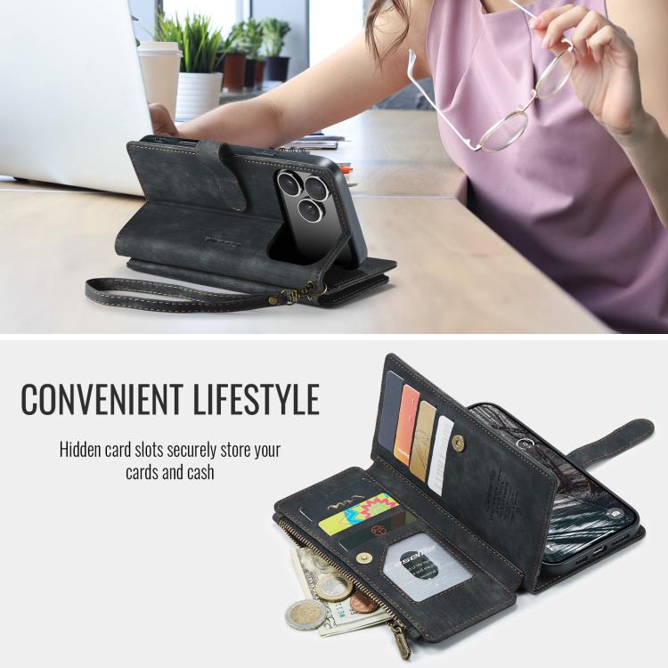 CaseMe C30 For Apple iPhone 13/14/15/16/16 Pro/16 Pro/17 Max Plus Vintage Leather Folio Zipper Wallet Case with Magnetic Closure and 7 Card Slots