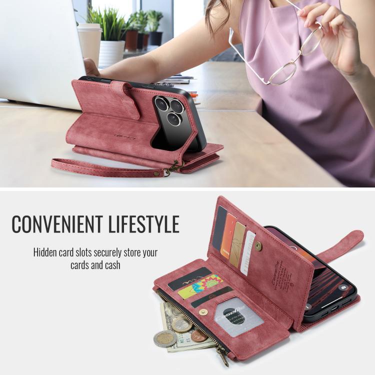 CaseMe C30 For Apple iPhone 13/14/15/16/16 Pro/16 Pro/17 Max Plus Vintage Leather Folio Zipper Wallet Case with Magnetic Closure and 7 Card Slots