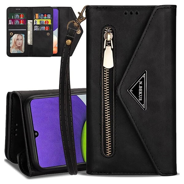 Samsung Galaxy A22 4G Phone Case Wallet N.Bekus Leather Flip Zipper Pocket Magnetic Purse With Strap & Card Holder for Girls Women (Black)