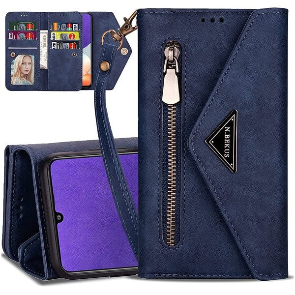 Samsung Galaxy A22 4G Phone Case Wallet N.Bekus Leather Flip Zipper Pocket Magnetic Purse With Strap & Card Holder for Girls Women (Navy Blue)