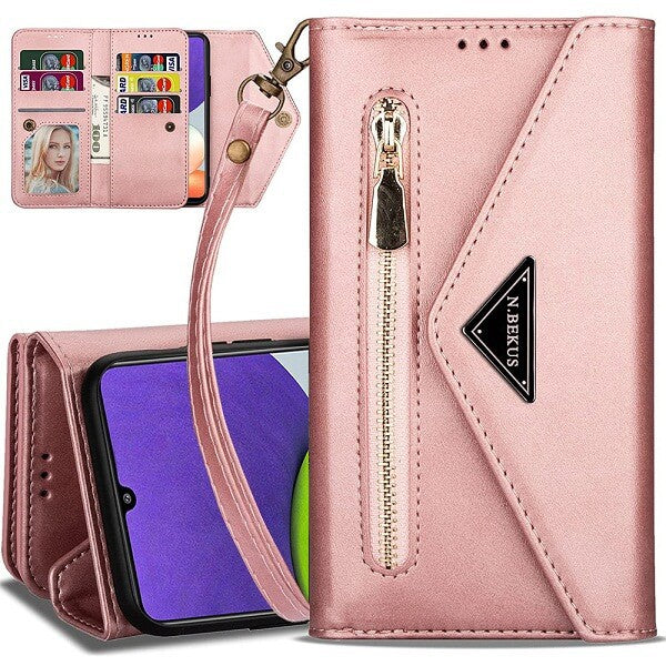 Samsung Galaxy A22 4G Phone Case Wallet N.Bekus Leather Flip Zipper Pocket Magnetic Purse With Strap & Card Holder for Girls Women (Rose Gold)