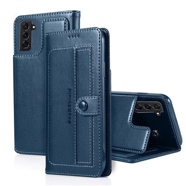 Samsung Galaxy S21 FE Wallet Case Flip Leather Card Slots Magnetic Stand Cover ( Navy Blue)