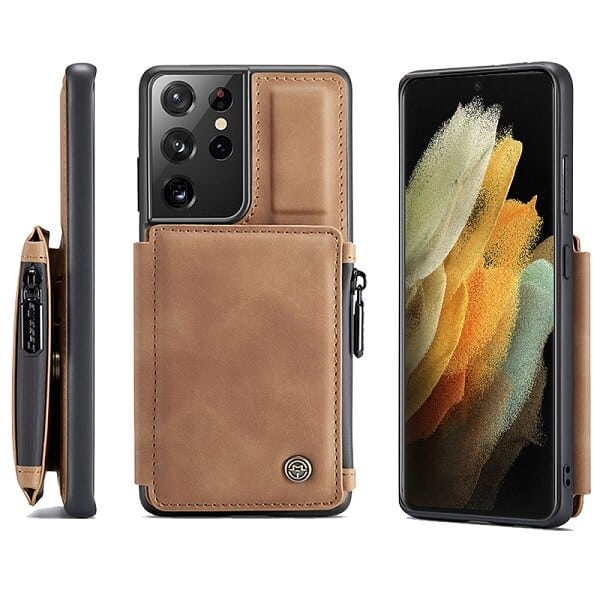 Samsung Galaxy S21 Ultra CaseMe Back Zipper Wallet Case W 3 Card Slots, RFID Blocking, 1 Money Pocket, Credit Card Holder Leather Cover (Brown)