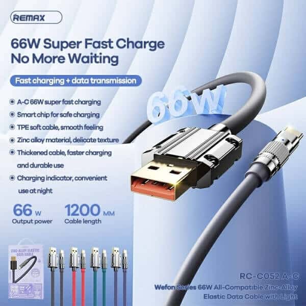 The REMAX RC-C052 USB A to Type C With Light Fast Charging Data Sync Cable Cord For Samsung Galaxy Google Nokia Oppo Motorola