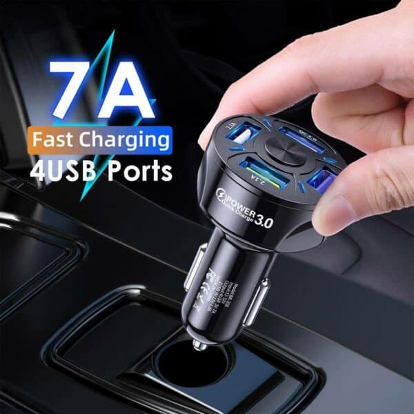 Universal 35W 7A QC3.0 4USB Ports Fast Charging Car Charger With LED Light 12-24V Cigarette Lighter Adapter