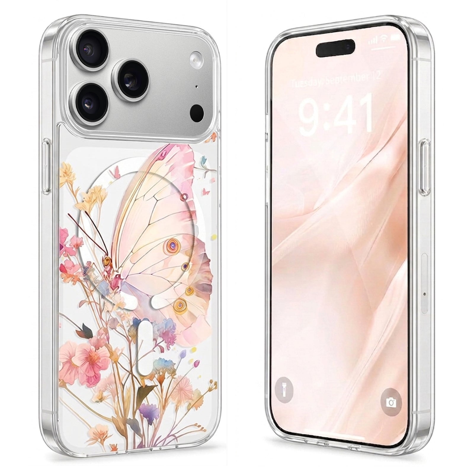 For Apple iPhone Clear Transparent MagSafe Magnetic Flower /Butterfly Pattern TPU Printed Back Case Cover