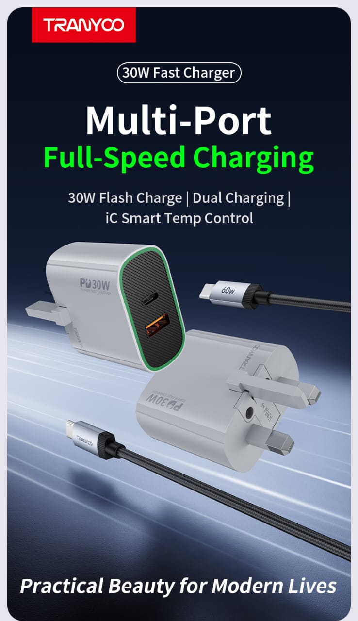 [UK Plug] Tranyoo 30W Super Fast Charger PD Type-C + USB A Dual Port with 60W PD USB C Cable (UK Plug)