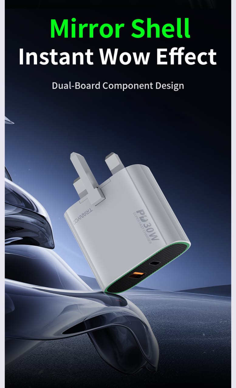 [UK Plug] Tranyoo 30W Super Fast Charger PD Type-C + USB A Dual Port with 60W PD USB C Cable (UK Plug)